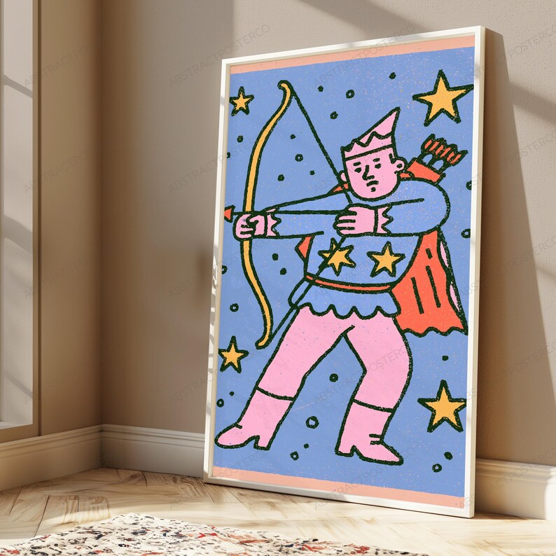 May include: A rectangular wall art print featuring a stylized illustration of a figure dressed as an archer with a bow and arrow. The figure wears a blue tunic with yellow stars, pink pants, and a red cape against a blue background with yellow stars.