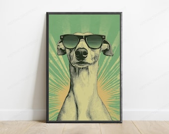 Cooler Hund mit Sonnenbrillen Print | Retro Pop Art Wanddekor | Lustiges Tierportrait Poster | Digitaler Download A3-A2-A1