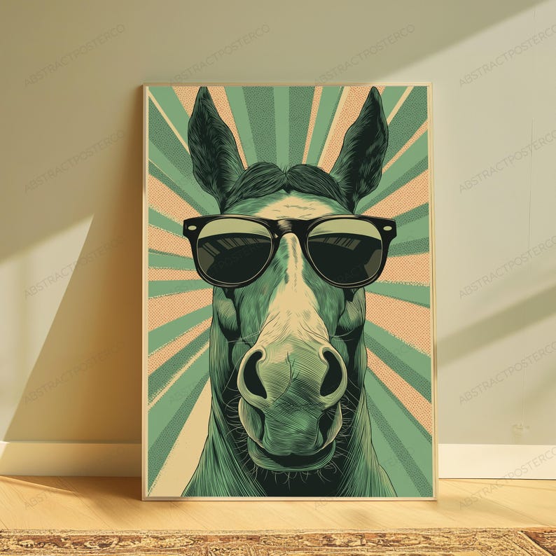 May include: A rectangular wall poster featuring a stylized illustration of a horse wearing black sunglasses. The background consists of a radiating sunburst pattern in shades of muted green and peach, rendered with a vintage-style dot texture.