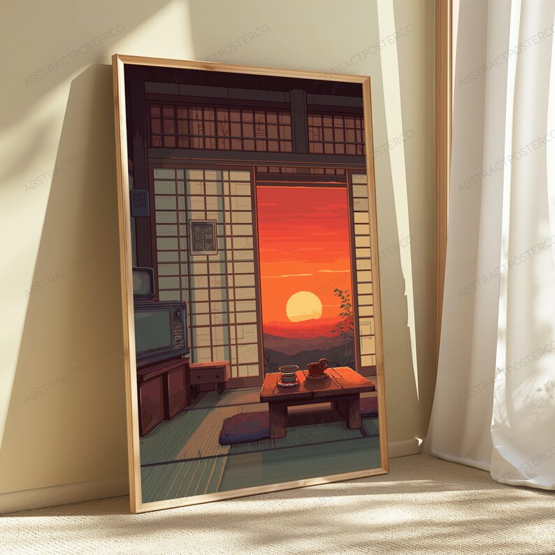 May include: A framed vertical wall art print depicting a traditional room with shoji screens opening to a vibrant orange sunset over distant mountains. Inside, a low wooden table holds a tea set, and an old television sits on a cabinet.