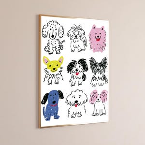 May include: A framed wall art print featuring a grid of nine stylized dog illustrations drawn in a crayon-like texture. The dogs are depicted in various colors including black, yellow, blue, and pink against a white background.