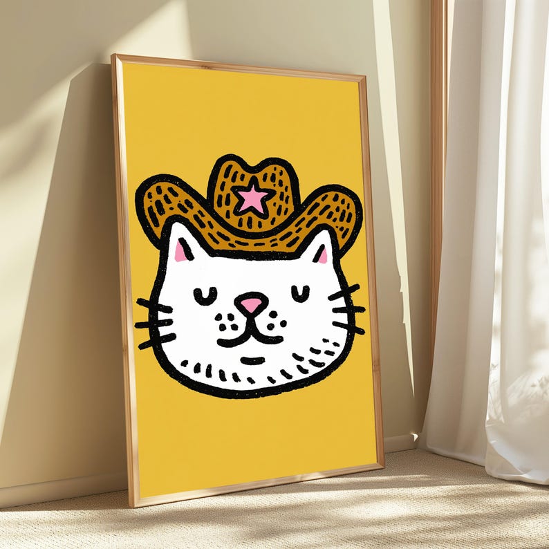 Wydruk pop-art z kotem kowbojem | Grafika ścienna z motywem dzikiego zachodu | Minimalistyczna dekoracja z uroczym kotem | Pobieranie cyfrowe A3 A2 A1 zdjęcie 2