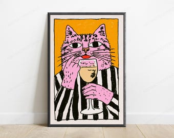 Pink Cat Wine Lover Pop Art Print | Bold Maximalist Wall Art | Fun Home Decor