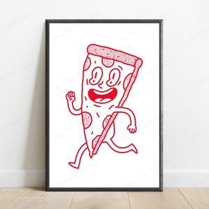 May include: A framed wall art print featuring a red line drawing of a cartoon pizza slice character with a smiling face, arms, and legs in a running pose. The pizza slice has dotted texture details on the crust and pepperoni toppings.