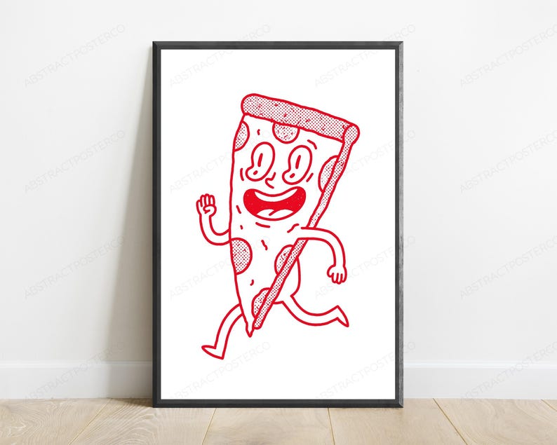May include: A framed wall art print featuring a red line drawing of a cartoon pizza slice character with a smiling face, arms, and legs in a running pose. The pizza slice has dotted texture details on the crust and pepperoni toppings.