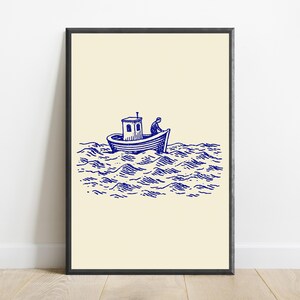 Fisherman Sailing Boat Line Art Print | Coastal Vintage Illustration | Nautical Wall Decor | Digital Download A3 A2 A1 image 7