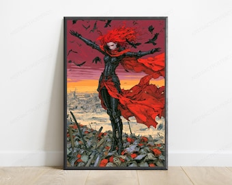 Red-Haired Warrior Desert Ruins Pop Art Print | Bold Fantasy Character Wall Art | Anime Inspired Home Decor | Digital Download A3 A2 A1