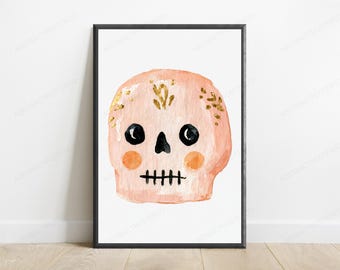 Pink Skull Gold Leaf Minimalist Art Print | Cute Skeleton Wall Art | Quirky Home Decor | Digital Download A3 A2 A1