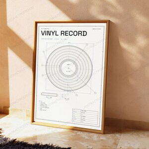 Technische tekening van een vinylplaat | Retro muziekstudio muurdecoratie | Minimalistische designposter afbeelding 5