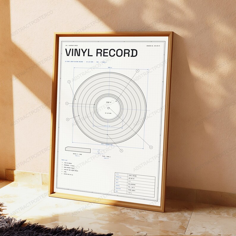 Technische tekening van een vinylplaat | Retro muziekstudio muurdecoratie | Minimalistische designposter afbeelding 5
