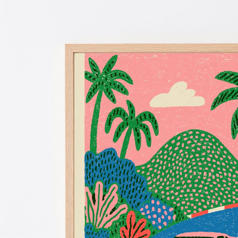 May include: A framed art print featuring a stylised tropical landscape with a pink sky, a white cloud, green palm trees, and textured hills in shades of green and blue. The illustration uses a grainy, screen-printed aesthetic with bold colours.