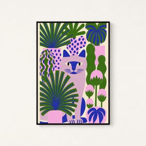 May include: A framed wall art print featuring a light purple cat surrounded by various potted plants in shades of green, blue, and pink. The cat has dark blue ears and facial markings, positioned among foliage with polka dot and striped patterns.