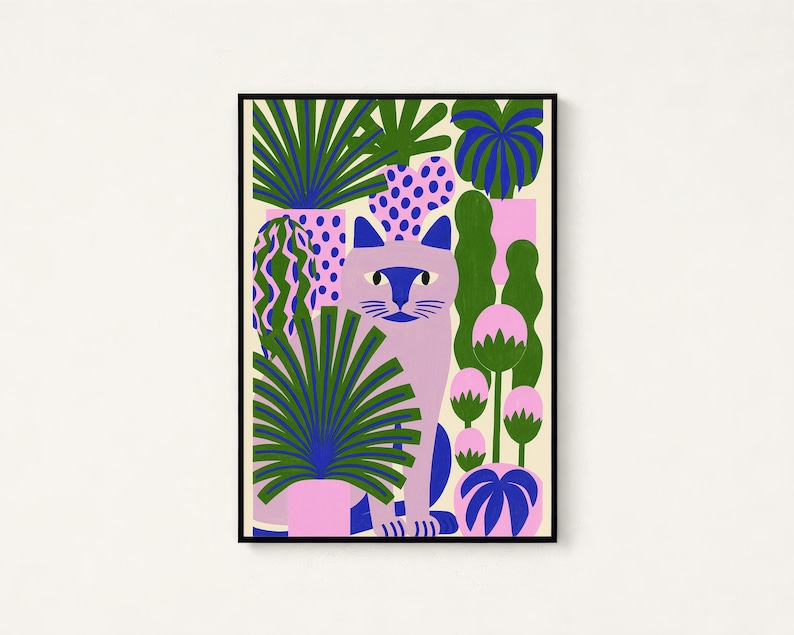 May include: A framed wall art print featuring a light purple cat surrounded by various potted plants in shades of green, blue, and pink. The cat has dark blue ears and facial markings, positioned among foliage with polka dot and striped patterns.
