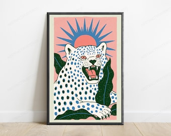 Roaring Leopard Pop Art Print | Bold Spotted Big Cat Wall Art | Minimalist Boho Home Decor | Digital Download A3 A2 A1