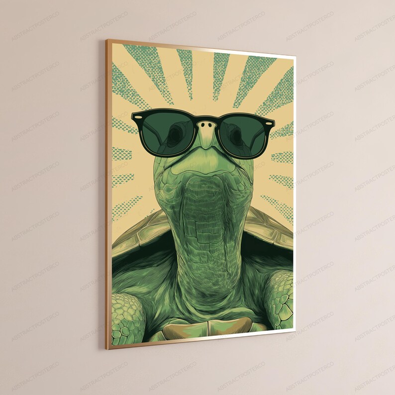 May include: A rectangular wall art print featuring a green turtle wearing black sunglasses. The turtle is centered against a background of radiating light yellow and green dotted sunburst lines, creating a graphic illustration with a vintage aesthetic.