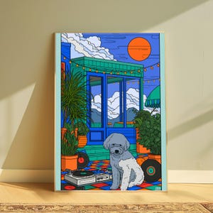 May include: A colorful art print featuring a gray and white dog sitting on a checkered floor. The scene includes a DJ turntable, vinyl records, potted plants, and a blue building structure under a bright orange sun and a sky filled with clouds.