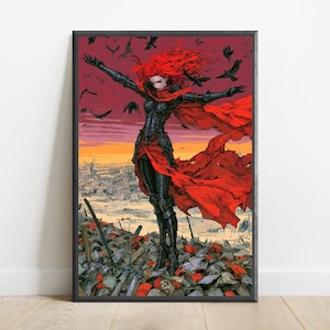 May include: A framed wall art print featuring a figure with vibrant red hair and black armour standing atop a pile of debris. The figure wears a flowing red cape, with arms outstretched against a dark sky filled with black birds and a sunset horizon.