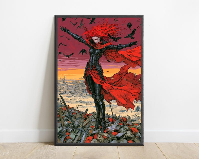 May include: A framed wall art print featuring a figure with vibrant red hair and black armour standing atop a pile of debris. The figure wears a flowing red cape, with arms outstretched against a dark sky filled with black birds and a sunset horizon.