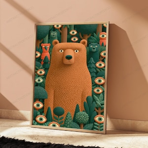 May include: A framed wall art print featuring a large, central brown bear surrounded by a dense forest of dark green trees, orange birds, and numerous disembodied eyes scattered throughout the foliage, all set against a light tan background.
