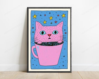 Pink Cat in Coffee Mug Stars Pop Art Print | Whimsical Cat Wall Art | Quirky Home Decor | Digital Download A3 A2 A1