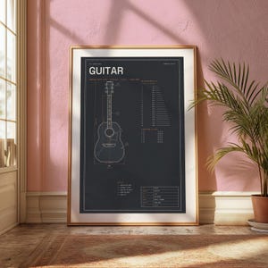 Projekt techniczny gitary akustycznej typu dreadnought | Grafika ścienna z instrumentem muzycznym | Wydruk z motywem przemysłowym zdjęcie 5