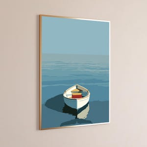 以下が含まれることがあります： 額装された縦型のウォールアートプリント。澄んだ水色の空の下、穏やかで平らな青い水面に浮かぶ、赤い座席が付いた小さな白い手漕ぎボートのミニマルなイラストが描かれています。ボートは水面に暗い反射を落としています。