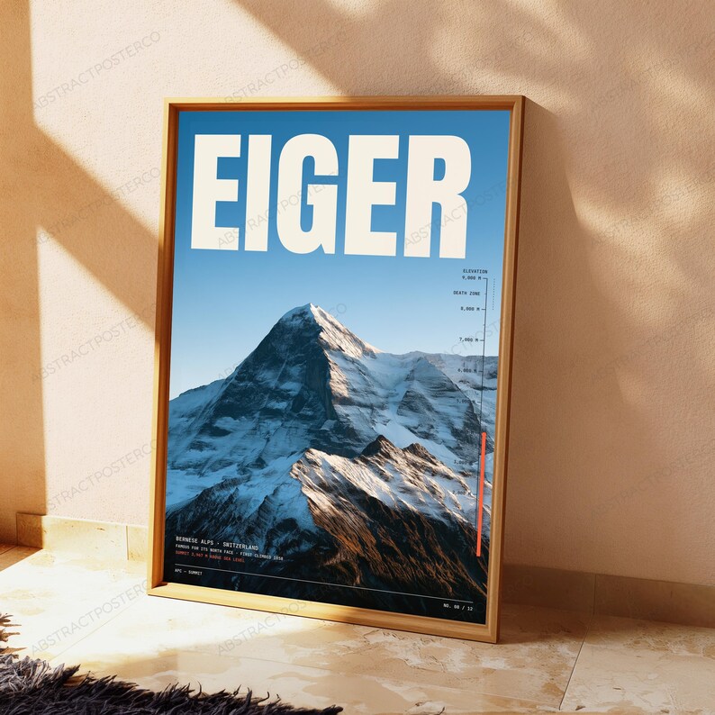 Höjdtryck av Eigerberget | Väggkonst med alpina toppar | Reseaffisch bild 4