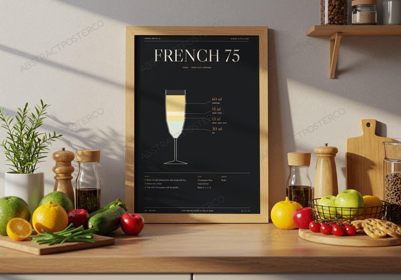 French 75 Cocktail Recipe Print shown in a kitchen