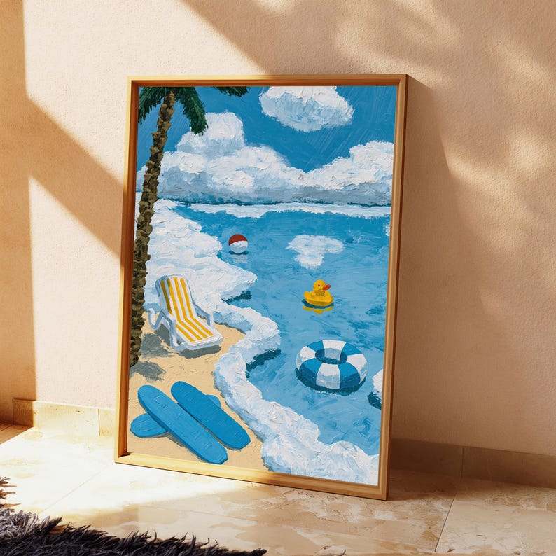 May include: A framed painting depicting a beach scene with a palm tree, a yellow and white striped lounge chair, two blue sandals on the sand, a blue and white striped inner tube, a yellow rubber duck, and a red and white ball in the water.