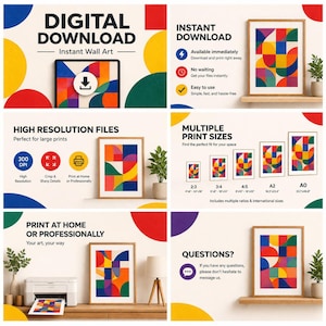 May include: A digital download wall art set featuring a geometric pattern of colorful circles and squares in red, yellow, blue, and green. The image displays information about instant downloads, high resolution files, print sizes, and printing options.