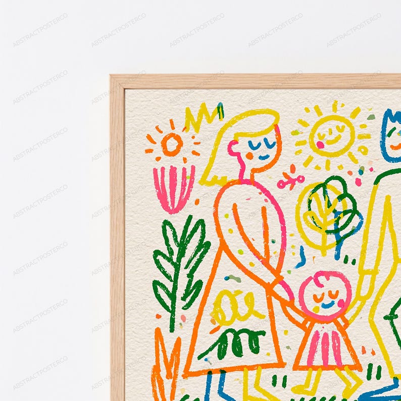 May include: A framed wall art print featuring a colorful crayon-style drawing of a family. The illustration includes a sun, flowers, and stylized figures in vibrant shades of yellow, pink, green, orange, and blue on a textured off-white background.