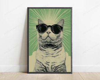 Lámina de arte pop con gafas de sol de gato / Arte mural felino hipster / Decoración minimalista para mascotas / Descarga digital A3 A2 A1