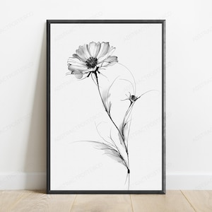 Minimalist Daisy Line Drawing Print | Black & White Botanical Wall Art | Flower Sketch Home Décor | Digital Download A3 A2 A1 image 1