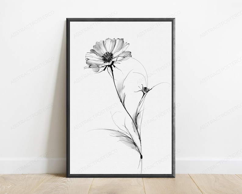 Minimalist Daisy Line Drawing Print | Black & White Botanical Wall Art | Flower Sketch Home Décor | Digital Download A3 A2 A1 image 1