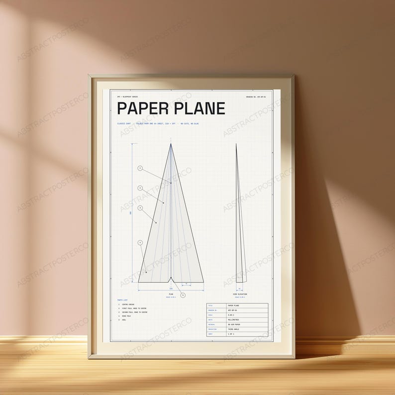 Paper Plane Blueprint Technical Print | Minimalist Origami Wall Art | Geometric Line Drawing image 4