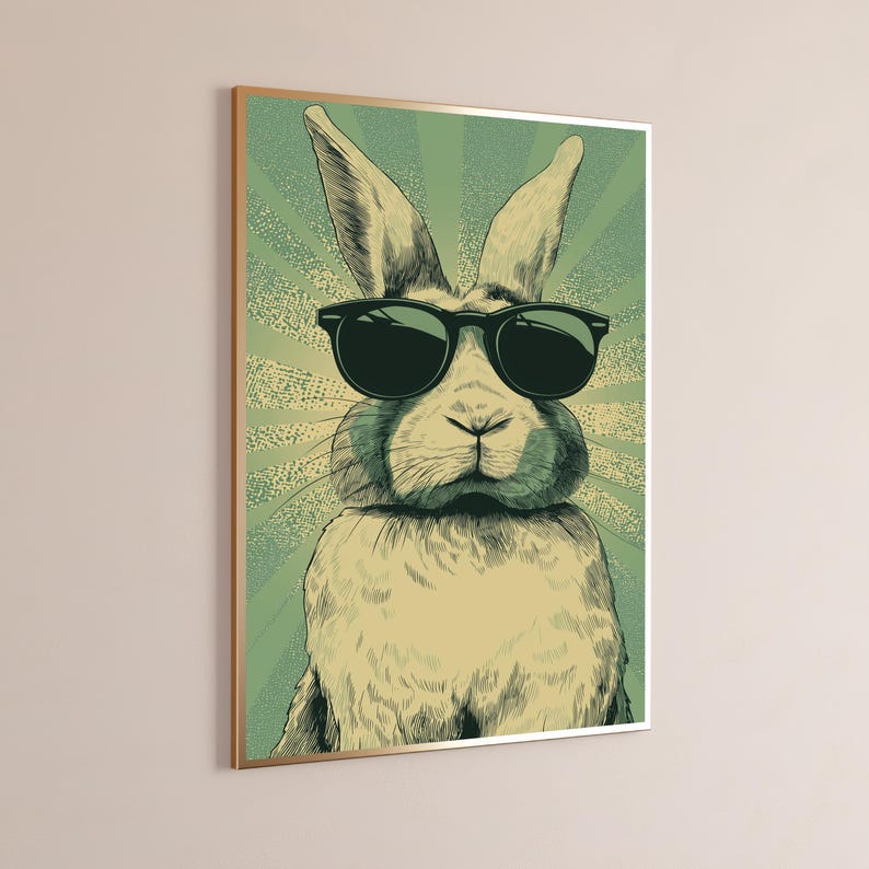 May include: A framed wall art print featuring a stylized illustration of a rabbit wearing black sunglasses. The rabbit is centered against a background of radiating light green and cream-colored sunburst lines with a textured, vintage aesthetic.