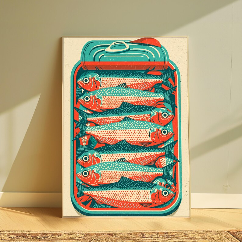 May include: A rectangular art print featuring a stylized illustration of an open tin can filled with six stacked sardines. The fish are rendered in a vibrant color palette of teal, orange, and cream, with a bold graphic style and clean lines.