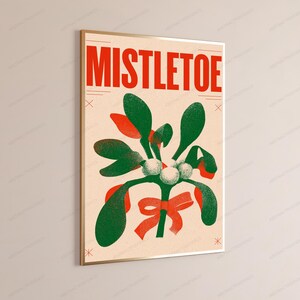 Mistletoe Plant Red Bow Retro Art Print | Minimalist Christmas Wall Art | Holiday Home Decor image 3