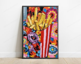 Affiche Pop Art Frites Colorées | Décoration Murale Fast-Food | Décoration Cuisine Dynamique | Téléchargement Numérique A3 A2 A1