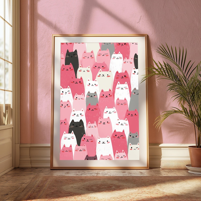 May include: A framed wall art print featuring a repeating pattern of stylized cats in various shades of pink, white, gray, and black. The cats have simple facial features, including small eyes, noses, and whiskers, arranged in a dense, vertical composition.