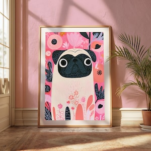 K&ouml;nnte beinhalten: Ein gerahmter Wandkunstdruck mit einer stilisierten Illustration eines beigen Mopses mit schwarzer Gesichtsmaske. Der Hund ist vor einem leuchtend rosa Hintergrund zentriert, der mit verschiedenen abstrakten Blumenformen, Bl&auml;ttern und botanischen Mustern gef&uuml;llt ist.