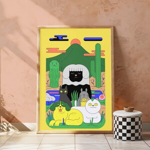 Desert Mountain Cats Cacti Wall Art | Colourful Boho Minimalist Print | Quirky Animal Home Decor | Digital Download A3 A2 A1 image 3