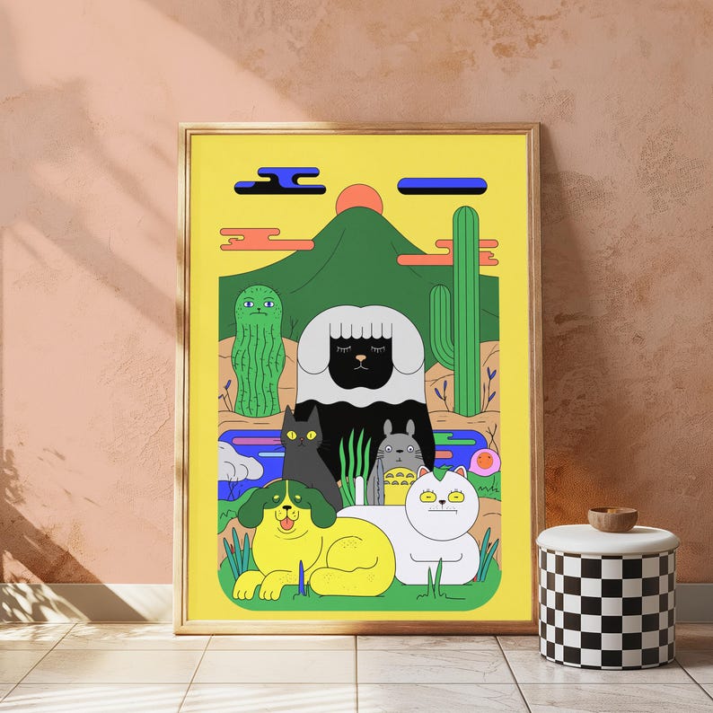 Desert Mountain Cats Cacti Wall Art | Colourful Boho Minimalist Print | Quirky Animal Home Decor | Digital Download A3 A2 A1 image 3