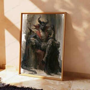 May include: A framed wall art print featuring a dark, painterly illustration of a horned figure seated on a throne. The figure wears a high-collared red and gold garment with dark accents. The artwork uses a muted color palette of grays, browns, and deep reds with visible brushstroke textures throughout the composition.