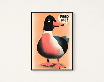 Hungry Duck Minimalist Art Print | Retro Animal Wall Art | Funny Farm Bird Poster | Digital Download A3 A2 A1