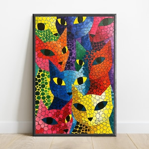 May include: A rectangular wall art print featuring a mosaic-style illustration of multiple cats in vibrant colors including yellow, orange, blue, green, and pink. Each cat is composed of small, distinct circular shapes with dark, almond-shaped eyes.