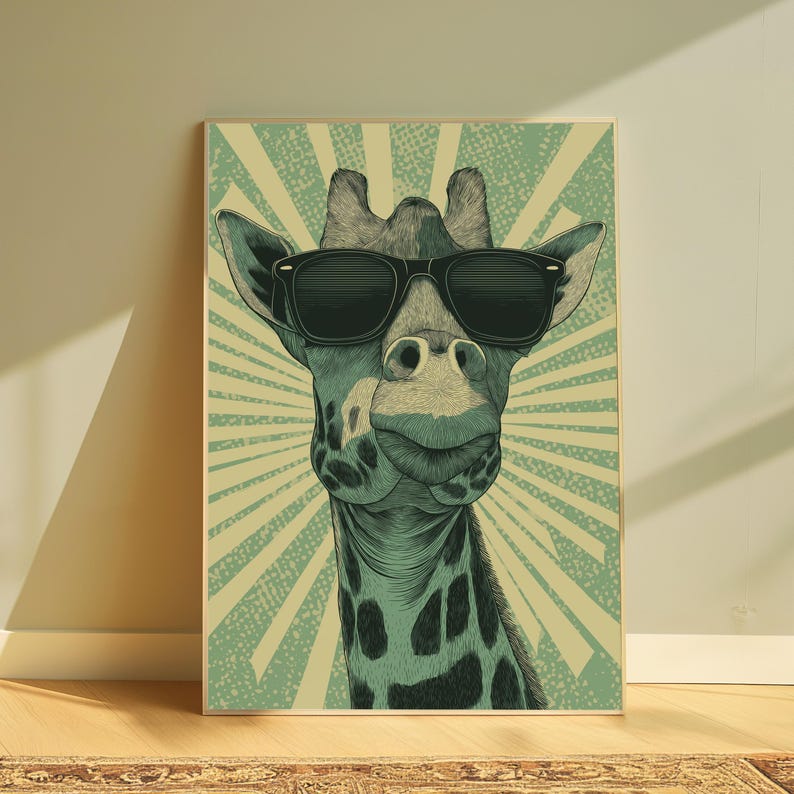 May include: A rectangular wall art print featuring a stylized illustration of a giraffe wearing black sunglasses. The giraffe is depicted in shades of green and black against a light green background with a radiating sunburst pattern behind it.