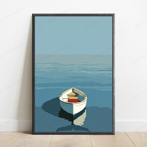 May include: A framed wall art print featuring a minimalist illustration of a small white rowboat with a red seat floating on calm, flat blue water under a clear sky. The boat casts a dark reflection on the water surface in this graphic design.