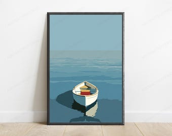 Minimalistiskt tryck med ensam fiskebåt | Konst med lugn vattenreflektion | Väggdekoration med kust | Digital nedladdning A3 A2 A1