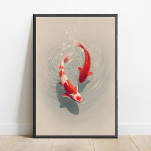 May include: A framed vertical wall art print featuring two koi fish swimming in a circular motion. One fish is solid red, while the other is white with red patches. The background is a neutral beige with subtle ripples and bubbles in the water.